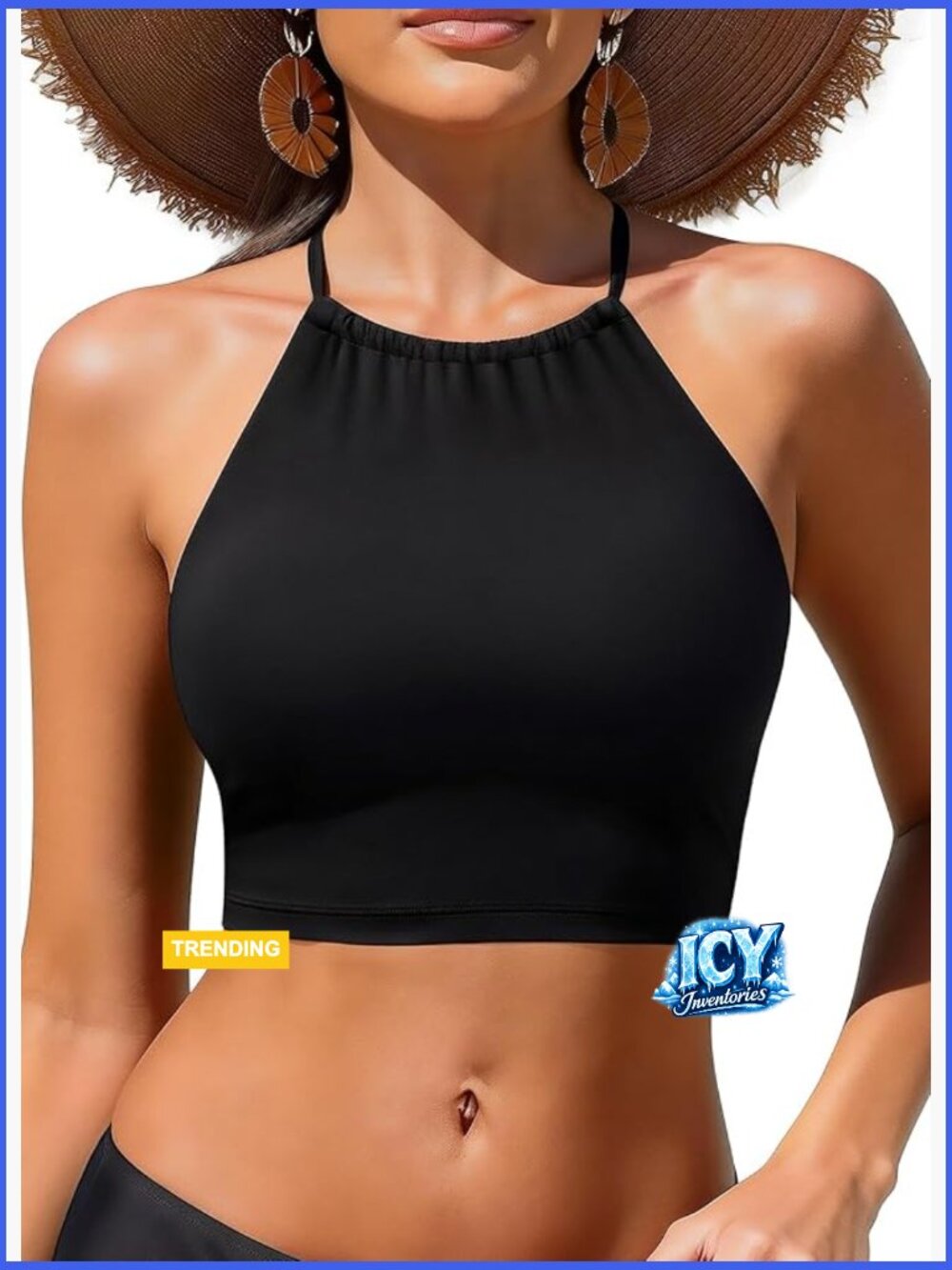High Neck Halter Bikini Top - Longline Tankini Swimsuit Top